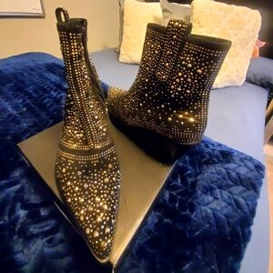 ISNOM Rhinestone Cowboy Boots Sparkly Ankle Boot Pointed Toe Chunky Heel Design